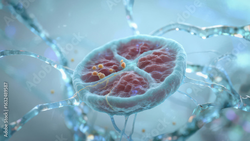 Microscopic View of a Cell with Intricate Structures and Filaments