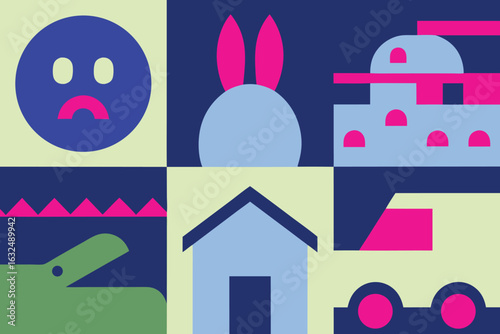 Set of high quality icons Six Geometric Icons Featuring Sad Face Bunny House Crocodile Car and Abstract Shapes blue pink