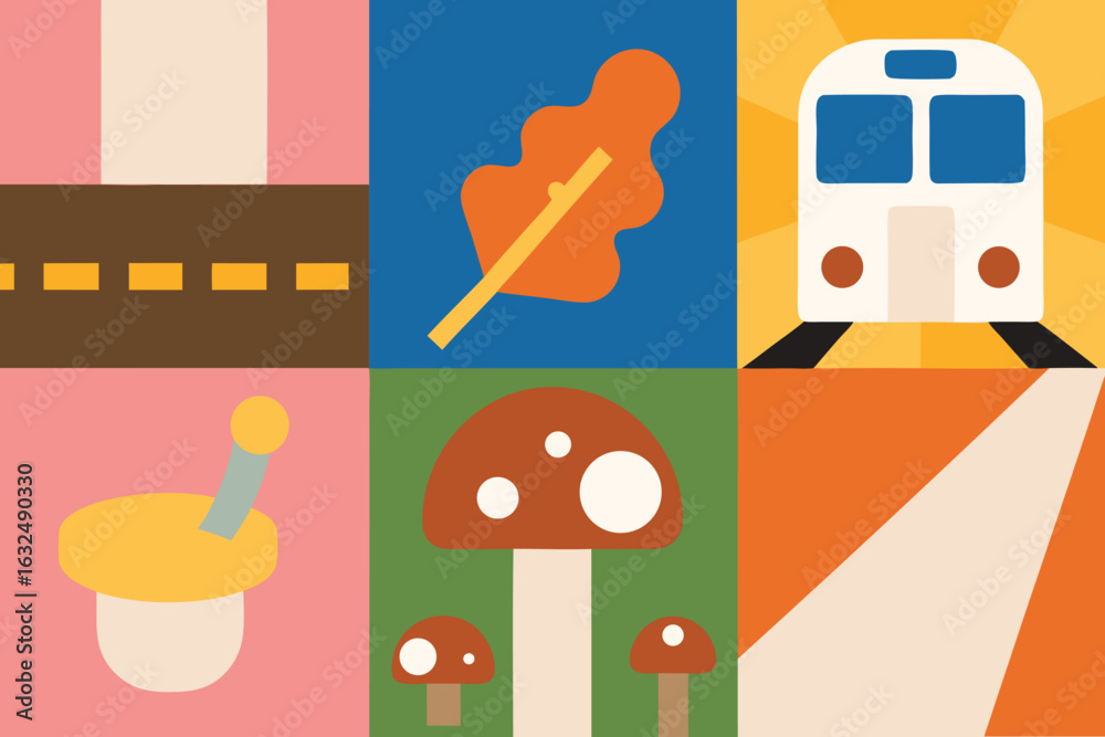 Naklejka premium Set of high quality icons Six Geometric Panels with Autumnal and Transportation Themes road highway