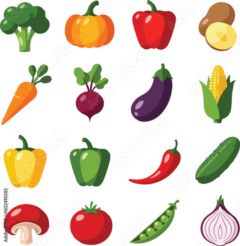Vegetables flat icon set. Includes broccoli, pumpkin, pepper, carrot, beetroot, and eggplant. Colorful vector icons for agriculture, cooking, and healthy nutrition.