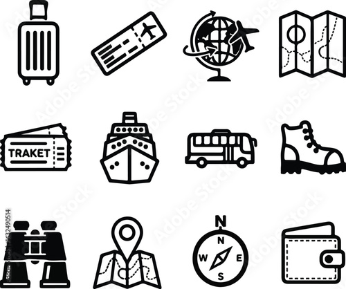 Travel & Exploration Icon Set – 12 Black and White Symbols for Navigation, Transport & Adventure