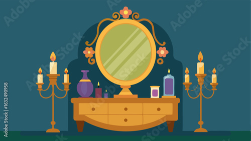 An ornate mirror with a gold frame hangs above a vintage dresser adorned with candles and small trinkets.