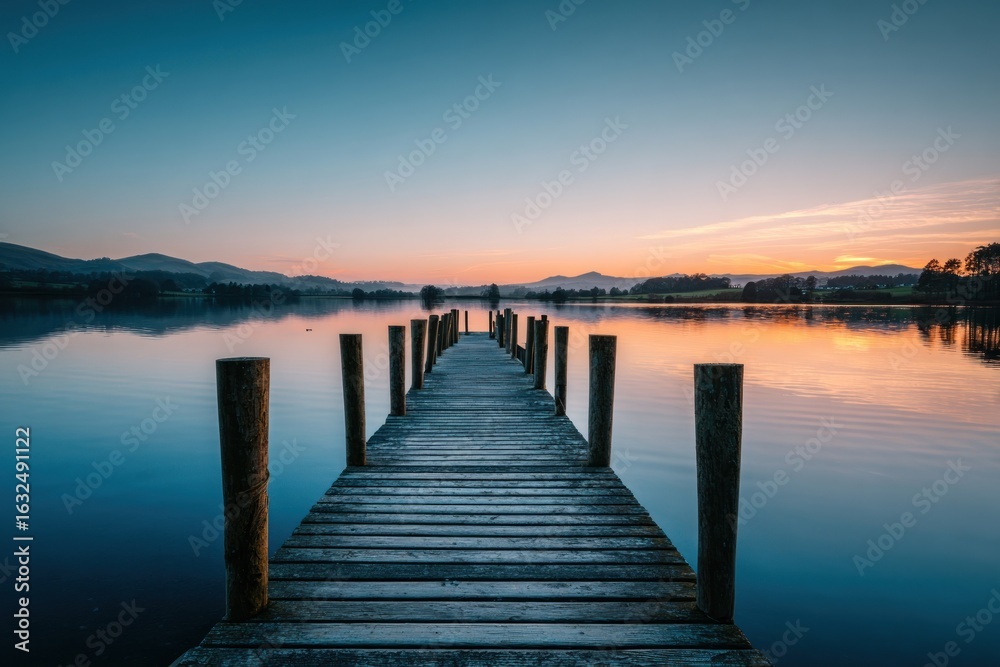 Fototapeta premium Calm wooden pier on serene lake at dawn