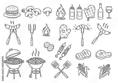 Illustration of barbecue elements isolated on white background, featuring grill, meat, and summer picnic items for outdoor cooking and party fun