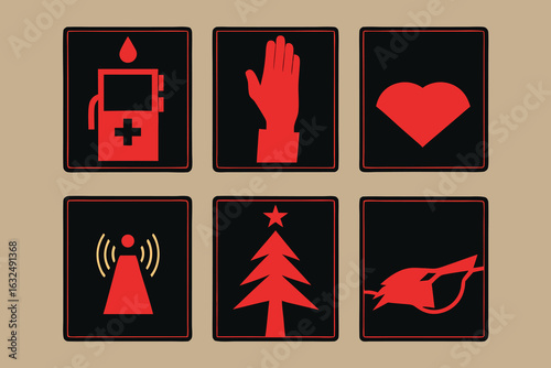Set of high quality icons Six red icons in black squares on a beige background symbol graphic