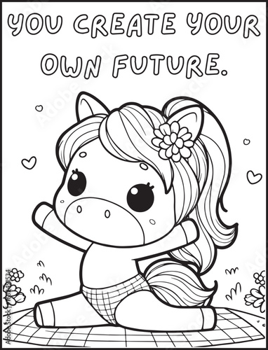 Animal-themed coloring page for kids and adults: Motivational quote to color: Cute horse doing yoga