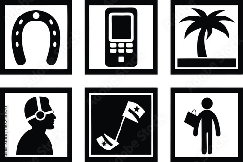 Set of high quality icons Six Square Icons Featuring Black Silhouettes of Objects and People horseshoe lucky horseshoe