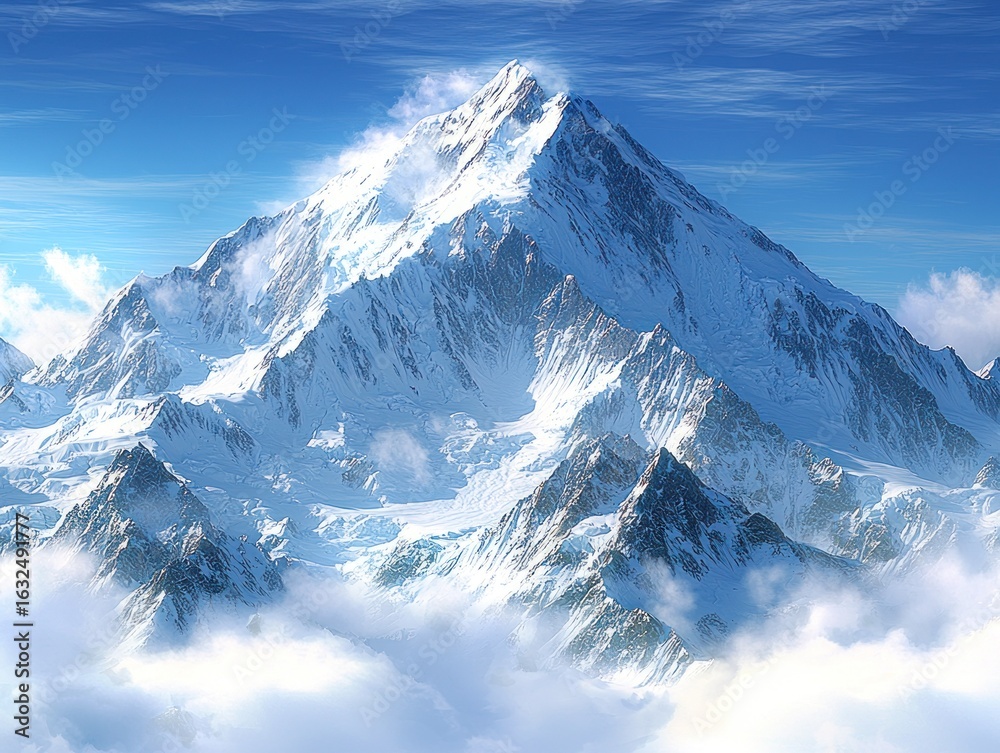 Obraz premium Majestic snow-capped mountain peak, piercing blue sky. Vast, icy slopes and clouds