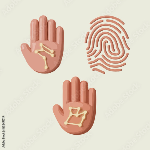 3D rendered hand and fingerprint icons in claymation style for palmistry, astrology, and identity concepts.