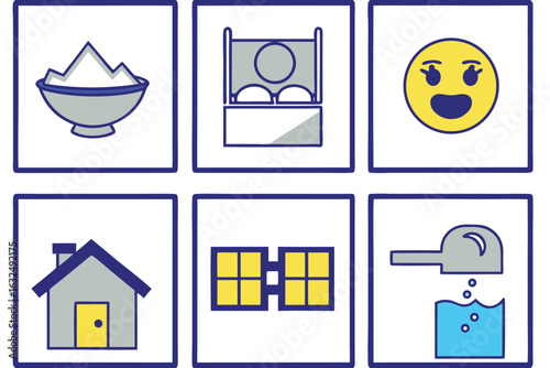 Set of high quality icons Six Square Icons with Outline Style Including Food Bed Face House Windows and Water bowl