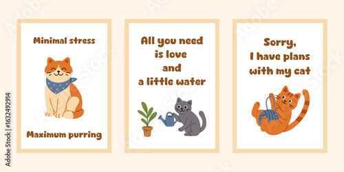 Vector collection of cat themed posters with lovely flat illustrations. Each design includes a different kitten and witty quote. Cute quote cards set.