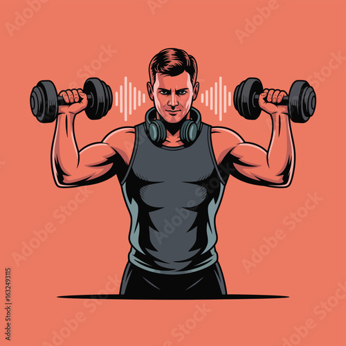 An illustration of a strong man and woman lifting dumbbells together during a workout