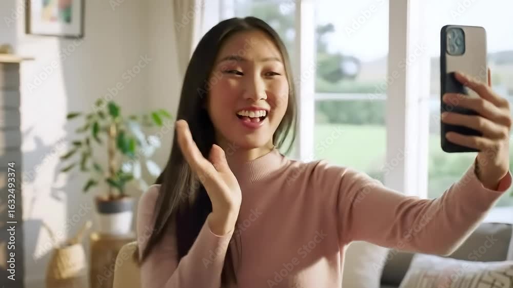 Woman Taking a Selfie at Home, Smiling and Posing Woman Taking a Selfie at Home, Smiling and Posing