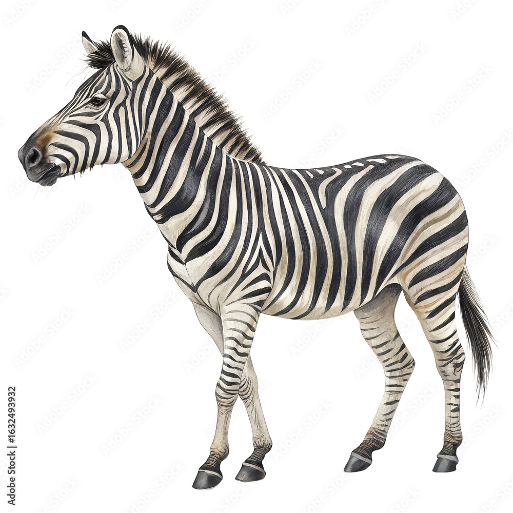 Fototapeta premium Zebra on a clean white background isolated no shadow PNG image of a zebra standing with a clear white backdrop zebra illustration without shadow transparent background zebra isolated PNG