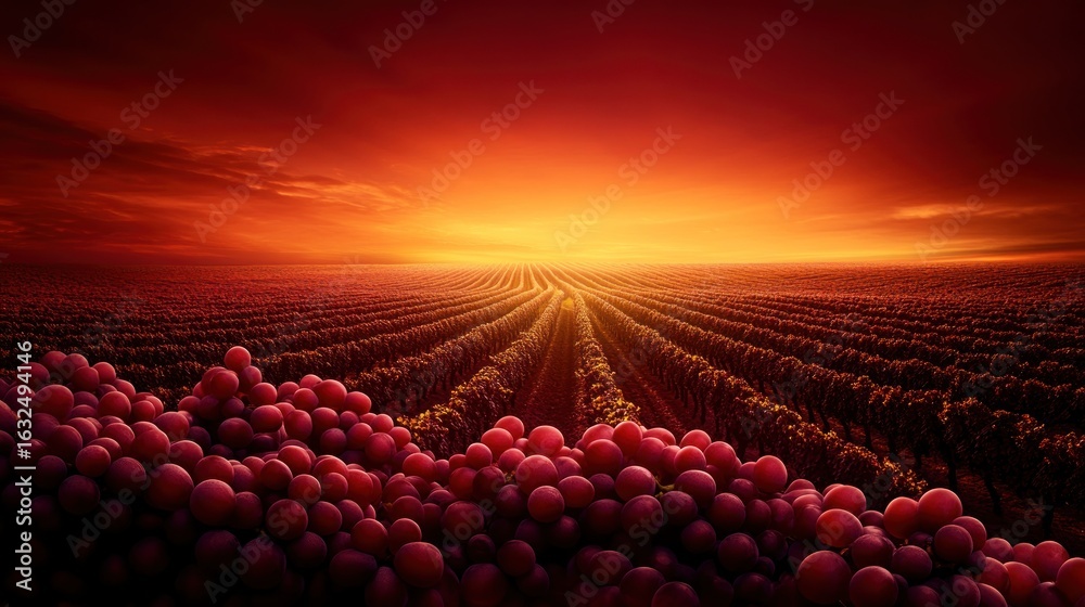 Obraz premium Red grape vineyard sunset view