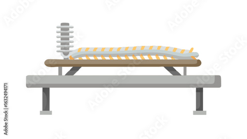 Illustration of a spinal column lying on a table with a vertical spring like structure nearby it