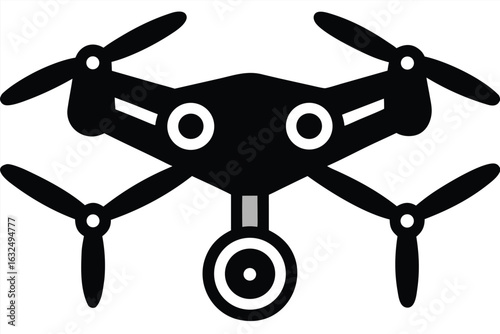 Black quadcopter drone shows four rotors and a camera on white backdrop
