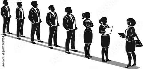 Diverse professionals in formal attire waiting in line people business