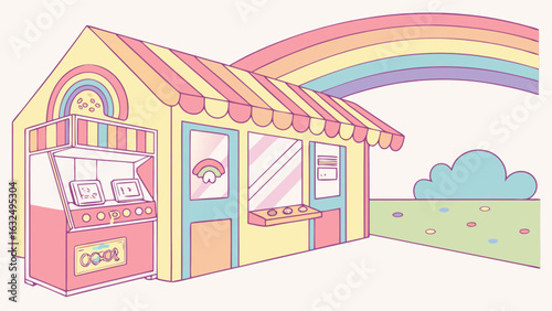 Pastel colored shop with rainbow decorations and a claw machine under a bright rainbow sky