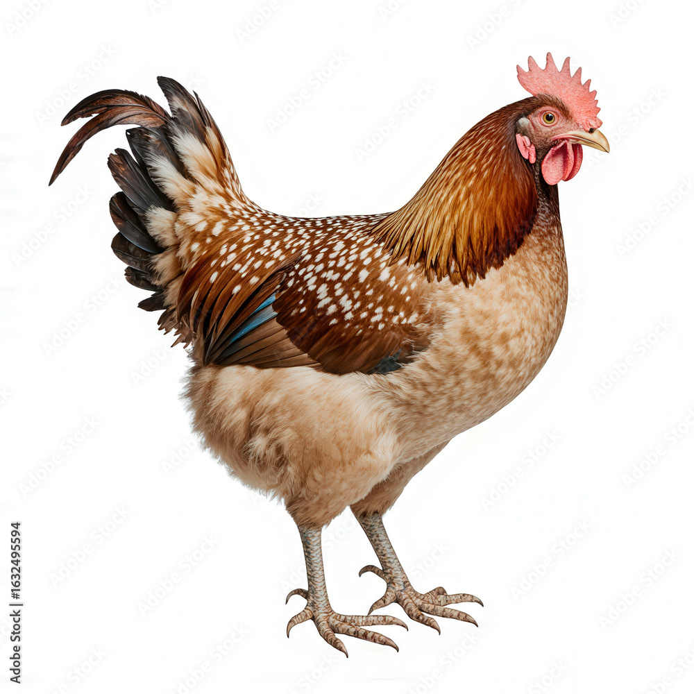 Fototapeta premium Rooster's Regal Pose: A vibrant rooster stands in its full glory, showcasing its intricate feather details and proud stance, a testament to rural charm.