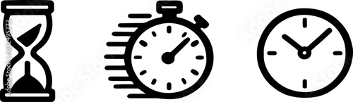 Three distinct timekeeping devices including an hourglass a stopwatch and a clock in a simple silhouette