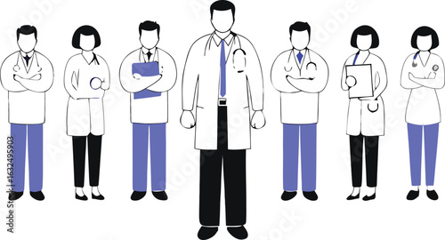 Medical professionals standing together in lab coats and scrubs doctors nurses