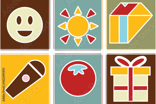 Set of high quality icons Vintage Style Geometric Icons With Outline And Fill In Various Colors vector illustration