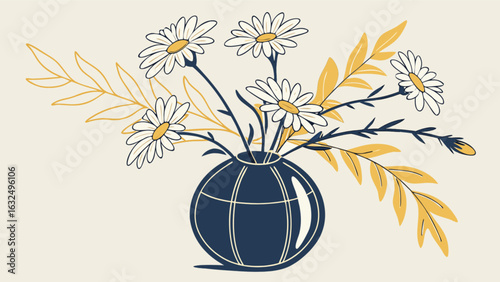 Illustration of daisies in a blue vase with golden leaves on a light beige background art piece