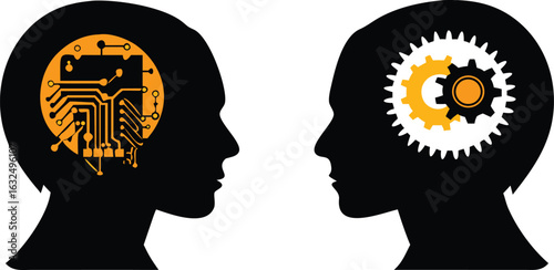 Two heads facing each other with technological elements inside profile silhouette