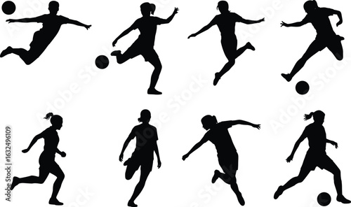 A comprehensive set of female soccer player silhouettes, showcasing athletes in various dynamic poses like kicking and running, perfect for sports and competition-themed designs