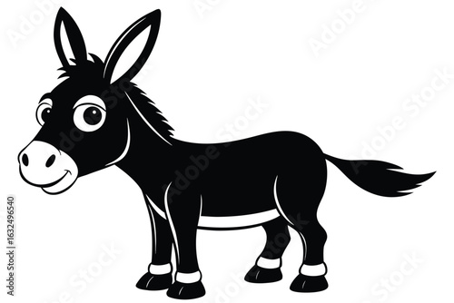 Black cartoon donkey smiling with long ears and a cute tail on white