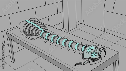Illustration of a skeletal centipede robot on a table in a gray tiled room with a column