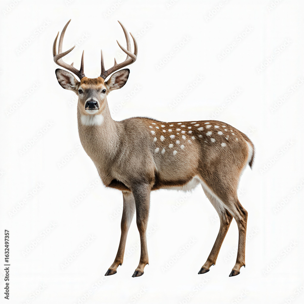 Fototapeta premium Majestic Deer in Profile: A strikingly beautiful deer, with a magnificent display of antlers, stands proudly, its spotted coat contrasting against the setting, captured in exquisite detail.