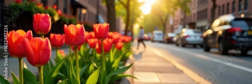 Bright tulips in flowerbeds, crisp morning light on Greenwich Village street , blossom, crisp