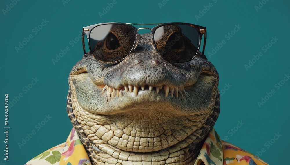 Obraz premium Close-up portrait of a reptile wearing sunglasses and a vibrant floral shirt with yellow and white stripes. Yellowish-brown skin pattern and white teeth. Central frame with eye-catching appearance.