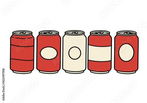 A row of five soda cans with different designs isolated on white background, showcasing a variety of colors and patterns, perfect for illustrating beverage options