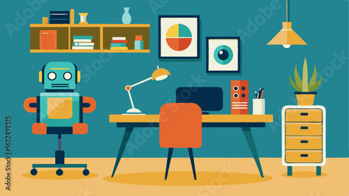 A home office with a midcentury desk and chair and a floating shelf display of vintage robot figurines.