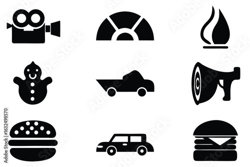 Black and white icons featuring film camera speedometer flame gingerbread man car megaphone and burgers