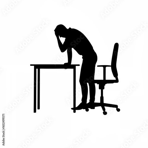 Silhouette of a frustrated man with his hand on his forehead at a desk