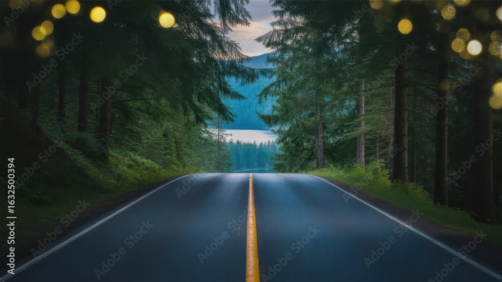 Fototapeta premium Serene Forest Road Leading to Peaceful Lake at Dusk