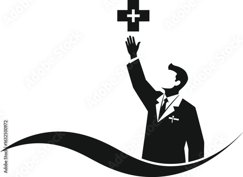 Doctor Reaching for Medical Cross Symbol on White Background