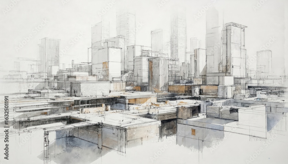 Fototapeta premium Modern cityscape illustration with tall, rectangular buildings in irregular arrangement. Plants patches among grey, cloudy sky. Architectural sketch style, artist signature in corner.