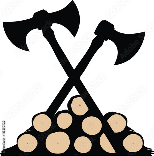 A lumberjack emblem with two crossed double bitted axes over a pile of firewood logs vector illustration