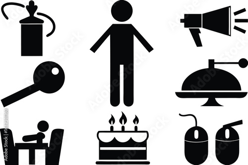 Black and white icons representing objects and people set of silhouettes