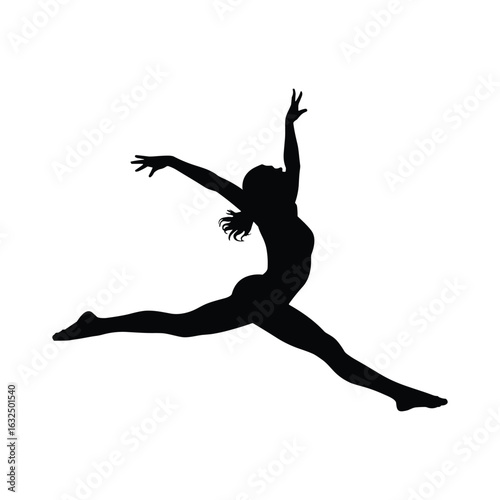 Silhouette of a female gymnast performing a split leap with arms extended