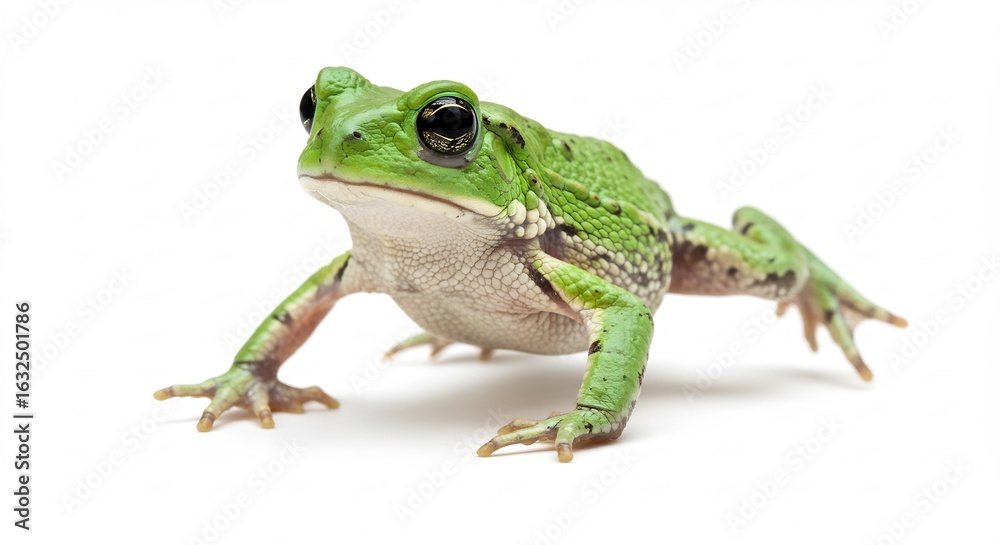 Obraz premium 鮮やかな緑色カエル 白い背景で穏やかに佇む 自然光照らす. AI Generated