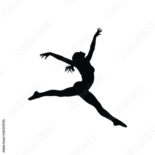 Silhouette of a female dancer leaping with arms outstretched in a dynamic pose