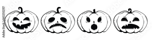 Collection of funny Halloween pumpkins with various emotions - happy, sad, amazed and angry.  Jack o'lanterns, sketch style. Vector illustration isolated on a white background