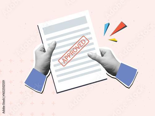 Black and white hands holding a document with a stamp Approved. Modern collage style. Vector illustration