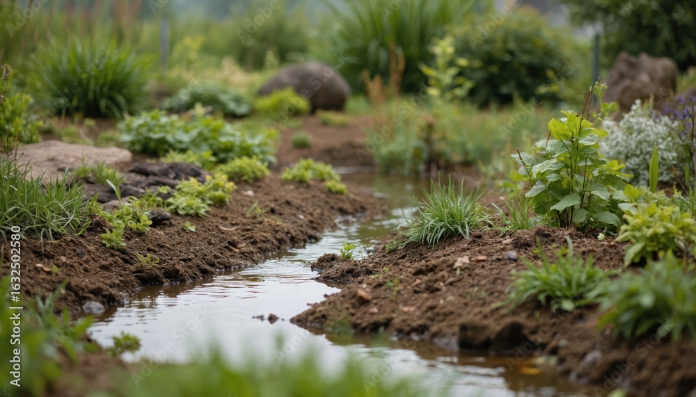 Obraz premium Serene garden scene with small stream flowing from top left to bottom right. Rich greenery in background with plants, shrubs, trees. Calm, undisturbed water, possibly rain garden installation for